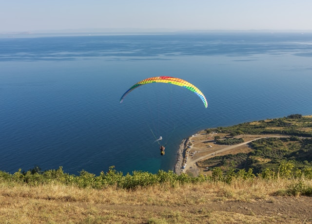 skydiver flies over the sea, Tauranga beach